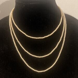 VTG Trifari Faux Triple Mini Gold Pearls Necklace Strand
